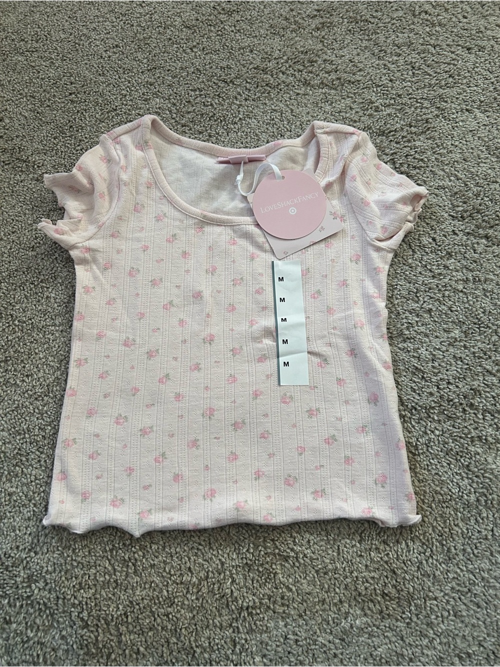LoveShackFancy Medium Pink Floral Print Short Sleeve T-Shirt NWT